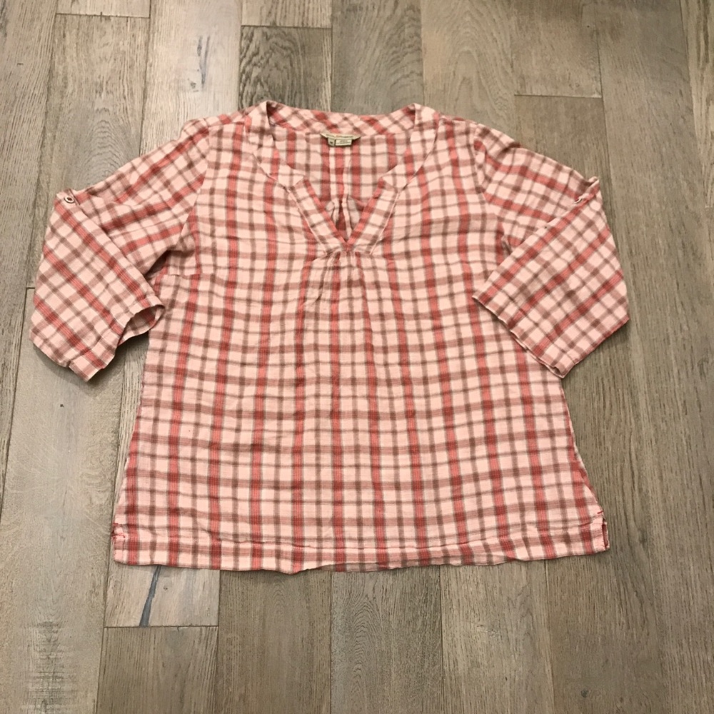 Red and pink roll sleeve cotton blouse